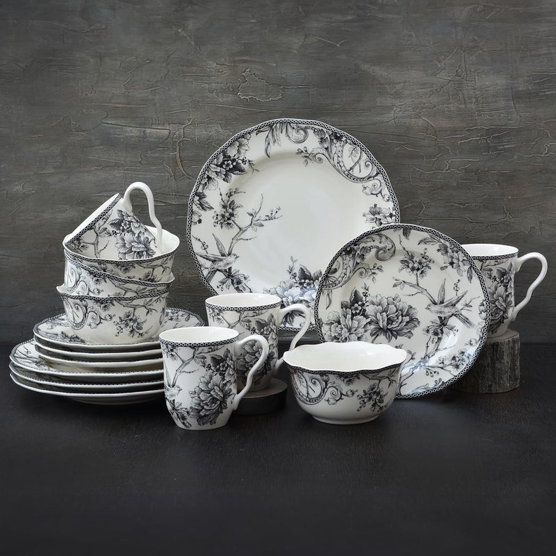 222 Fifth Adelaide 16-Piece Black Porcelain Dinnerware Set â€“ Service for 4, Featuring Hand-Applied Romantic Woodland Bird Design, for Everyday Dining & Entertainment, Microwave & Dishwasher Safe - Image 4